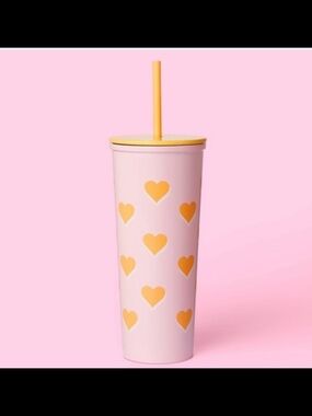 Stoney Clover Lane Pink Tumbler with Ornage Heart Pattern and Straw